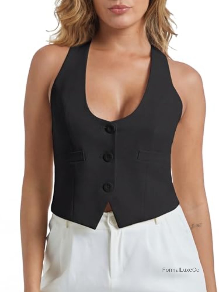 Crop Suit Vest U-Neck Button Down Racerback Fully Lined Sleeveless Blazer Top